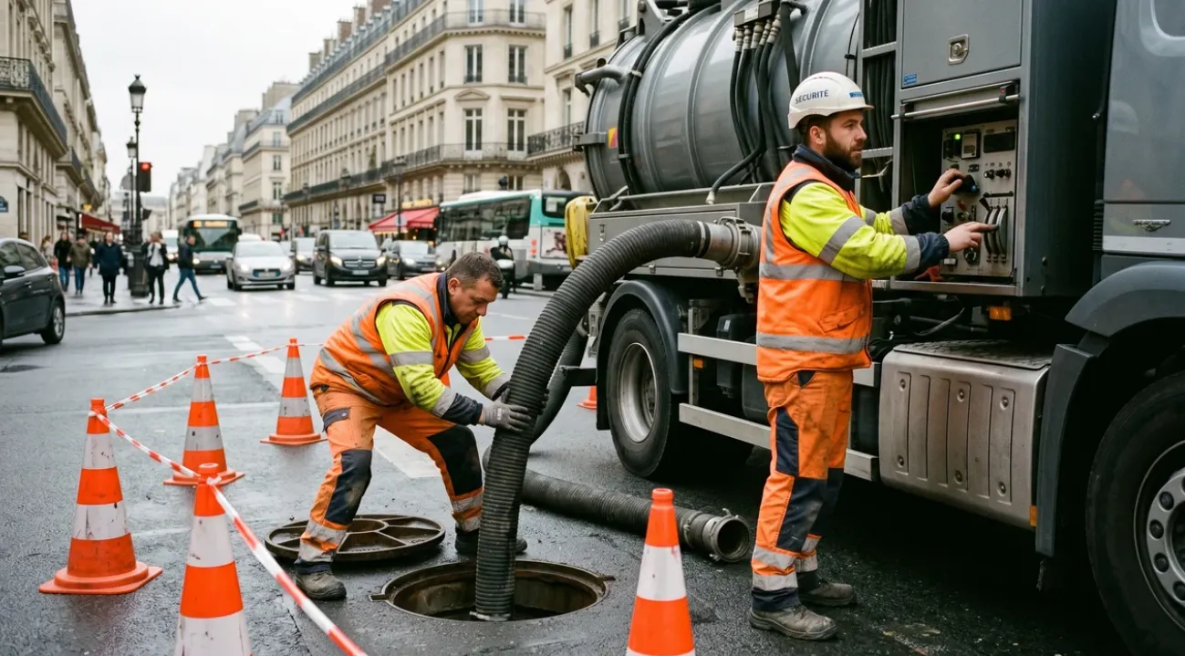 Plombier débouchage canalisation à Paris 7e : intervention au camion hydrocureur sur une rue haussmannienne près des Invalides